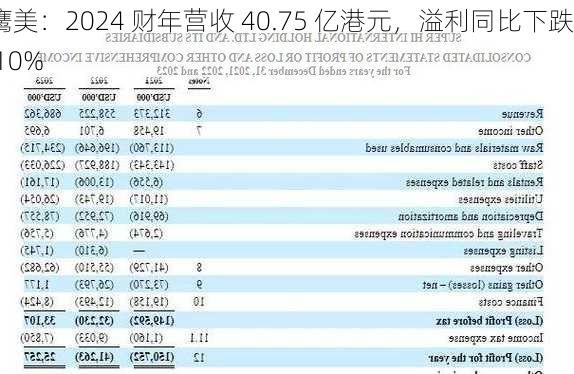 鹰美：2024 财年营收 40.75 亿港元，溢利同比下跌 10%