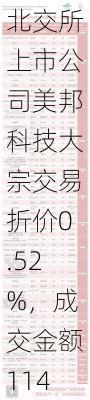 北交所上市公司美邦科技大宗交易折价0.52%，成交金额114万元