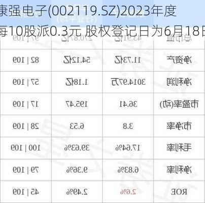 康强电子(002119.SZ)2023年度每10股派0.3元 股权登记日为6月18日