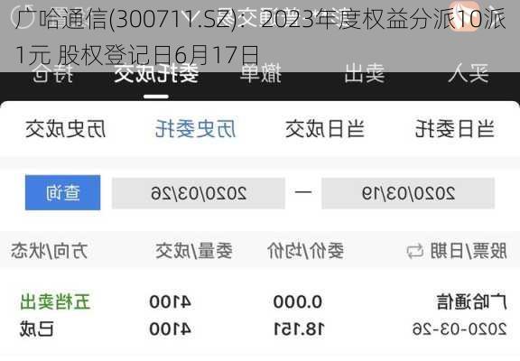 广哈通信(300711.SZ)：2023年度权益分派10派1元 股权登记日6月17日