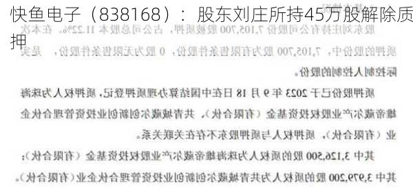 快鱼电子（838168）：股东刘庄所持45万股解除质押