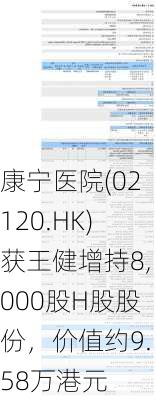 康宁医院(02120.HK)获王健增持8,000股H股股份，价值约9.58万港元