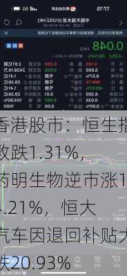 香港股市：恒生指数跌1.31%，药明生物逆市涨14.21%，恒大汽车因退回补贴大跌20.93%