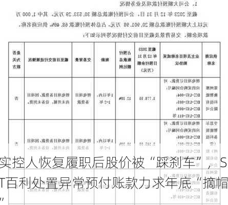 实控人恢复履职后股价被“踩刹车”，ST百利处置异常预付账款力求年底“摘帽”