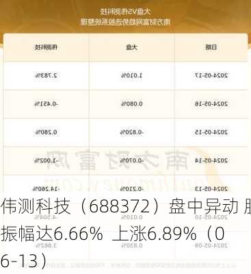 伟测科技（688372）盘中异动 股价振幅达6.66%  上涨6.89%（06-13）