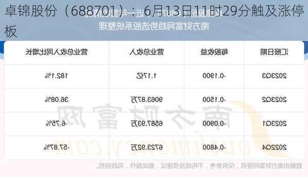 卓锦股份（688701）：6月13日11时29分触及涨停板