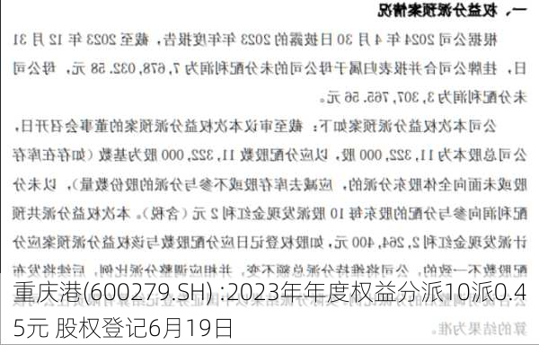 重庆港(600279.SH) :2023年年度权益分派10派0.45元 股权登记6月19日