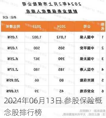 2024年06月13日 参股保险概念股排行榜