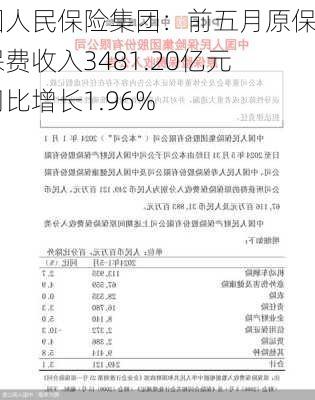 中国人民保险集团：前五月原保险保费收入3481.20亿元，同比增长1.96%