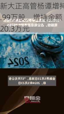 新大正高管杨谭增持1.99万股，增持金额20.3万元