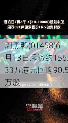 周黑鸭(01458)6月13日斥资约156.33万港元回购90.5万股