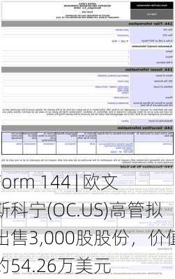 Form 144 | 欧文斯科宁(OC.US)高管拟出售3,000股股份，价值约54.26万美元