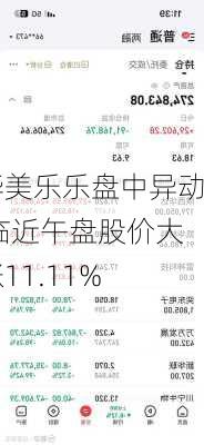 华美乐乐盘中异动 临近午盘股价大涨11.11%