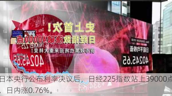 日本央行公布利率决议后，日经225指数站上39000点，日内涨0.76%。