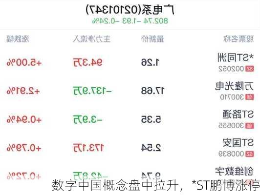 数字中国概念盘中拉升，*ST鹏博涨停