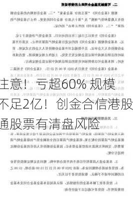 注意！亏超60% 规模不足2亿！创金合信港股通股票有清盘风险