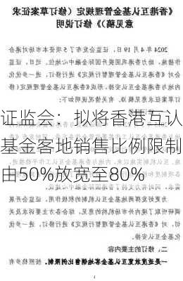 证监会：拟将香港互认基金客地销售比例限制由50%放宽至80%