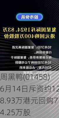 周黑鸭(01458)6月14日斥资约128.93万港元回购74.25万股