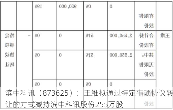 滨中科讯（873625）：王维拟通过特定事项协议转让的方式减持滨中科讯股份255万股