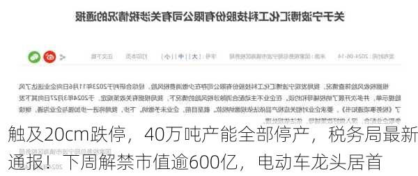 触及20cm跌停，40万吨产能全部停产，税务局最新通报！下周解禁市值逾600亿，电动车龙头居首