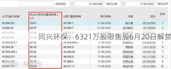 同兴环保：6321万股限售股6月20日解禁