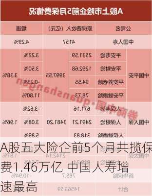 A股五大险企前5个月共揽保费1.46万亿 中国人寿增速最高