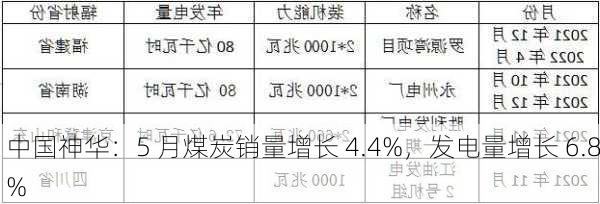 中国神华：5 月煤炭销量增长 4.4%，发电量增长 6.8%