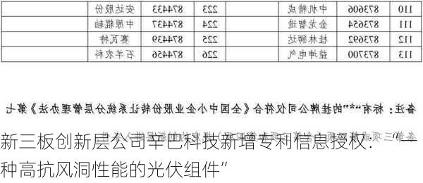 新三板创新层公司辛巴科技新增专利信息授权：“一种高抗风洞性能的光伏组件”