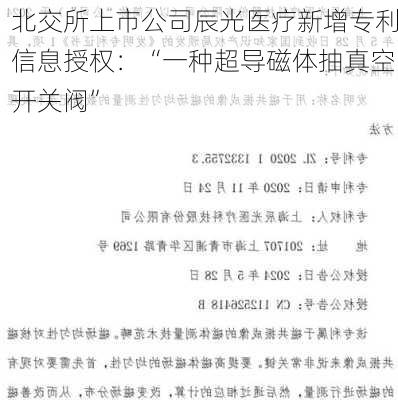 北交所上市公司辰光医疗新增专利信息授权：“一种超导磁体抽真空开关阀”