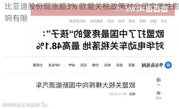 比亚迪股份现涨超3% 欧盟关税政策对公司实质性影响有限