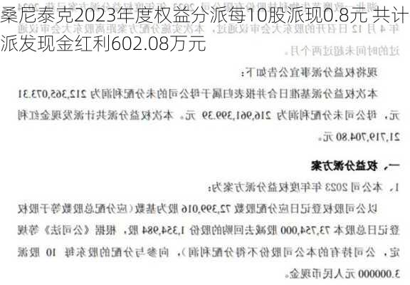 桑尼泰克2023年度权益分派每10股派现0.8元 共计派发现金红利602.08万元