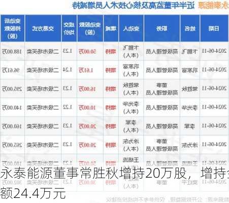 永泰能源董事常胜秋增持20万股，增持金额24.4万元