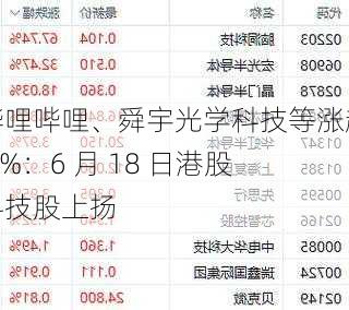 哔哩哔哩、舜宇光学科技等涨超 5%：6 月 18 日港股科技股上扬