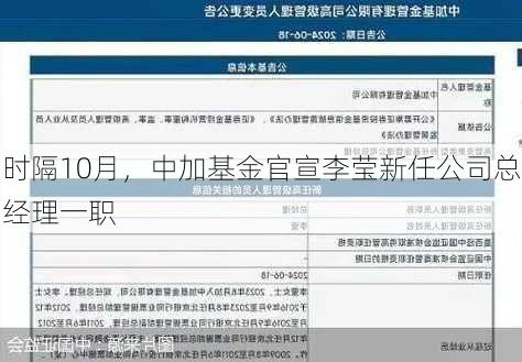 时隔10月，中加基金官宣李莹新任公司总经理一职