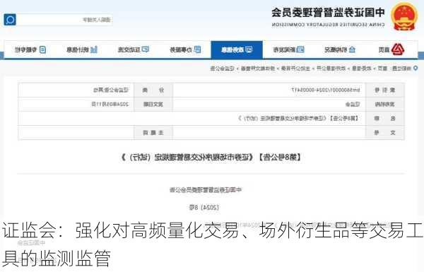 证监会：强化对高频量化交易、场外衍生品等交易工具的监测监管