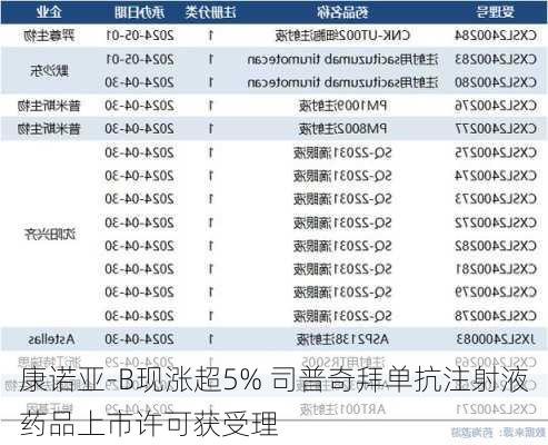 康诺亚-B现涨超5% 司普奇拜单抗注射液药品上市许可获受理