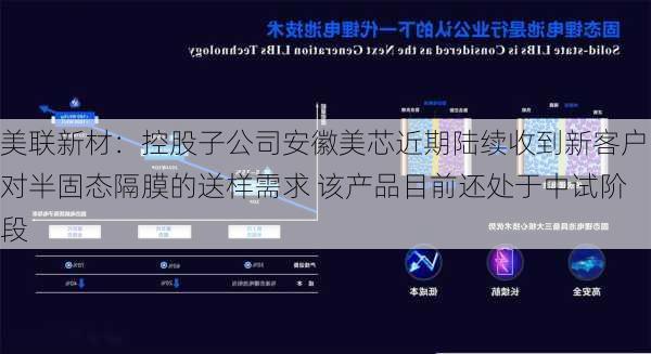 美联新材：控股子公司安徽美芯近期陆续收到新客户对半固态隔膜的送样需求 该产品目前还处于中试阶段