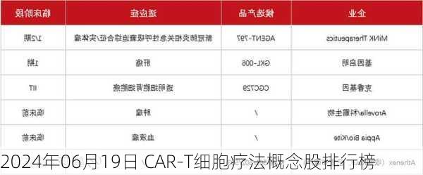 2024年06月19日 CAR-T细胞疗法概念股排行榜