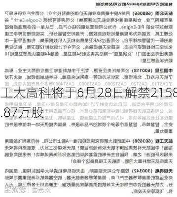 工大高科将于6月28日解禁2158.87万股