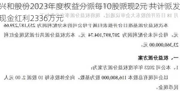 兴和股份2023年度权益分派每10股派现2元 共计派发现金红利2336万元