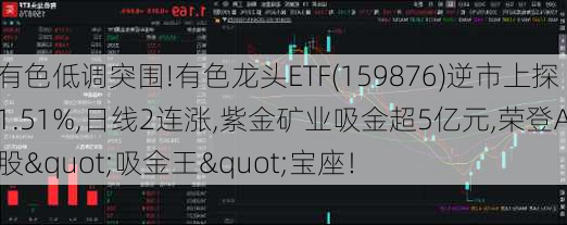 有色低调突围!有色龙头ETF(159876)逆市上探1.51%,日线2连涨,紫金矿业吸金超5亿元,荣登A股