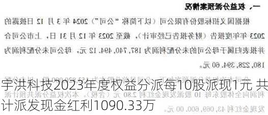 宇洪科技2023年度权益分派每10股派现1元 共计派发现金红利1090.33万