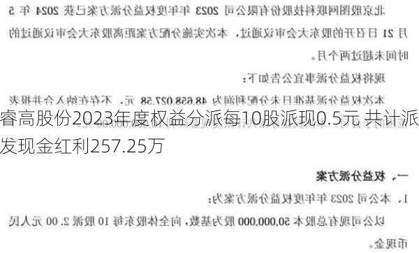 睿高股份2023年度权益分派每10股派现0.5元 共计派发现金红利257.25万