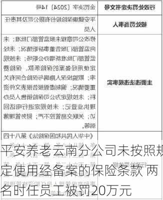 平安养老云南分公司未按照规定使用经备案的保险条款 两名时任员工被罚20万元