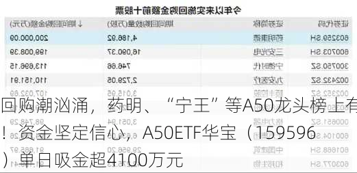 回购潮汹涌，药明、“宁王”等A50龙头榜上有名！资金坚定信心，A50ETF华宝（159596）单日吸金超4100万元