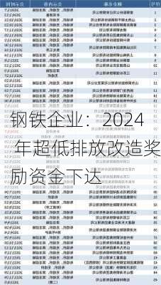 钢铁企业：2024 年超低排放改造奖励资金下达