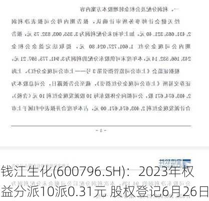 钱江生化(600796.SH)：2023年权益分派10派0.31元 股权登记6月26日