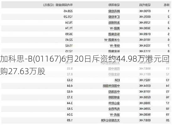 加科思-B(01167)6月20日斥资约44.98万港元回购27.63万股