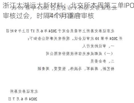 浙江太湖远大新材料：北交所本周第二单IPO审核过会，时隔4个月重启审核