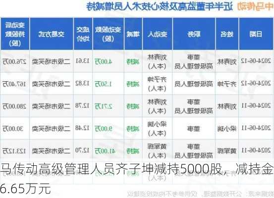 中马传动高级管理人员齐子坤减持5000股，减持金额6.65万元